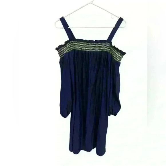 Jude Connally Off the Shoulder Navy Smocked Neckline Summer Preppy Nautical Sz L - Picture 1 of 8